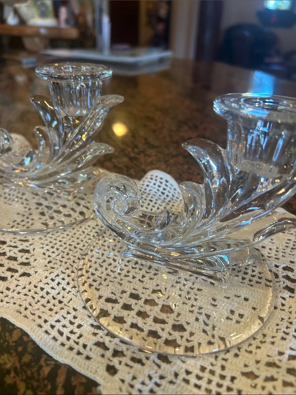 Vintage Crystal Scroll Design Glass Candle Holders elegant dining pair – Clear